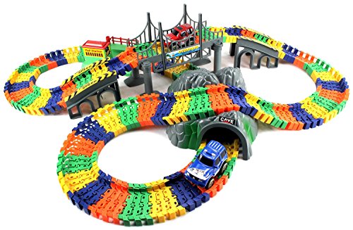 Velocity Toys Pleasant Journey Cave Bridge Toll Station Deluxe 234 Piece Flexible Toy Track Playset w/ 2 Battery Operated Toy Cars , Accessories, Endless Fun and Combinations