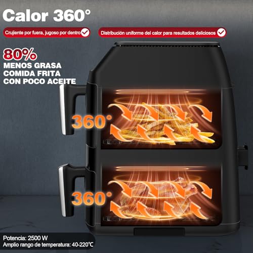 TopStrong XXL Air Fryer 11L, Air Fryer Double Stacked Basket, Double Resistance Air Fryer, 2500W, 6 Functions, 8 Recipes, Dishwasher, Energy Saving