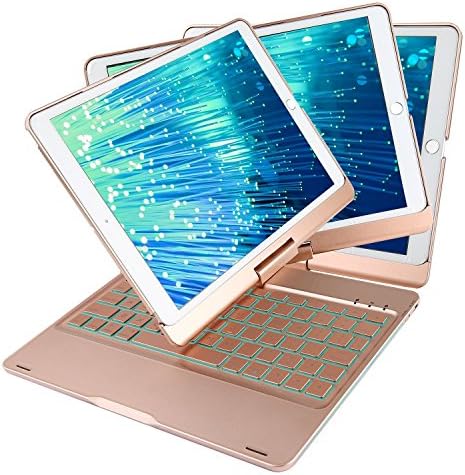 [New Version] iPad Keyboard Case for New 2018 iPad, 2017 iPad, iPad Pro 9.7, iPad Air 1 and 2 with 360 Degree Rotatable Cover and Folio 180 Degree Multi-Angle (All 9.7 inch Versions) Rose Gold