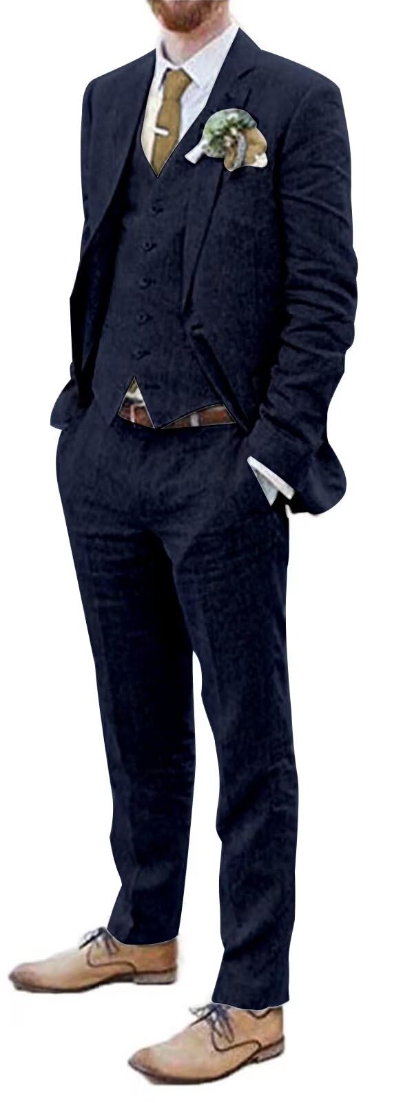Men's 3 Pieces Linen Suit Slim Fit Men Tuxed Summer Wedding Tuxedo ...