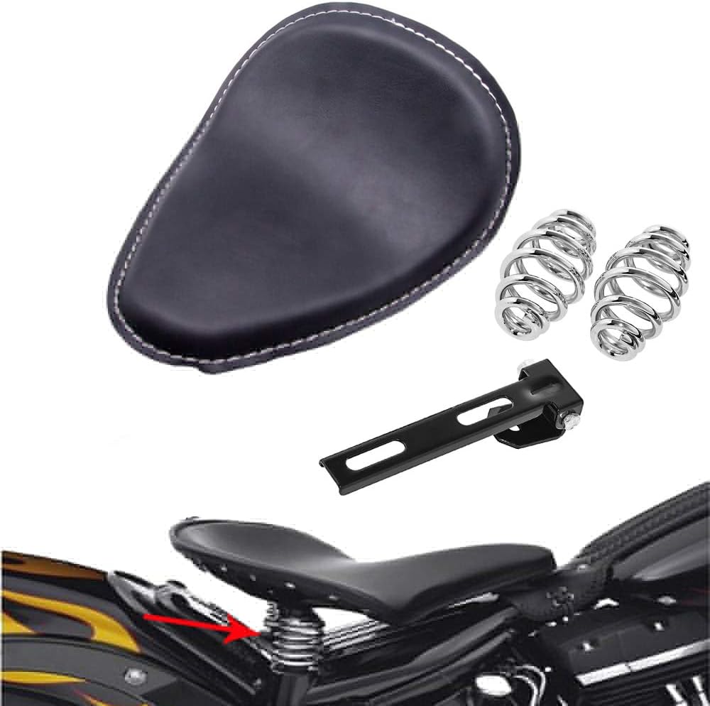 Qlhshop Motorcycle Leather Solo Seat with Spring Bracket Kit for Harley Chopper Suzuki Yamaha Honda(white Line)