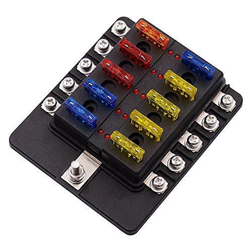 10 Circuit Boat Fuse Box,elecfan 10 Way Fuse Block Waterpoof Cover Blade Fuse Holder 32V Quick Connect Screw Terminal Free Fuses with LED Safety Indicator for Automotive Car Marine Trike (10-way)