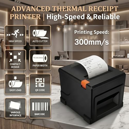 Fuhuihe 80mm Thermal POS Printer with Automatic Cutter and 5 Rolls of Paper - 300mm/s for Windows PC, USB LAN Bluetooth