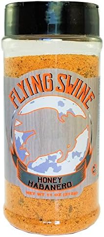 Flying Swine Seasonings - Honey Habanero 11 oz. Use on baby back ribs, pulled pork, smoked brisket, pork chops, chicken, salmon, vegetables and anything you put on the smoker or barbecue!