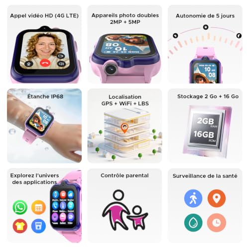 DOOGEEEco Anyscene S3 Children's GPS Smart Watch, 1.72 Inch HD Screen, 4G LTE Video Calls, IP68 Waterproof, 16 GB Memory, 900 mAh Battery, Pedometer Alarm Clock Games Birthday Gift, Pink