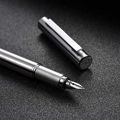HONGDIAN Stainless Steel Fountain Pen, Silver Barrel Chrome Trim
