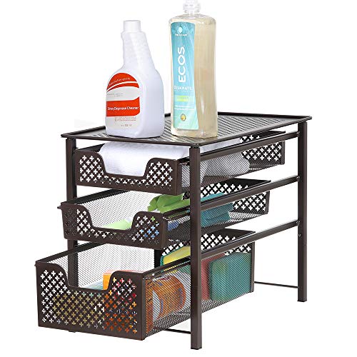 NEX 3-Tier Sliding Cabinet Basket Organizer Drawer Stackable for Bathroom Kitchen, 16.7''L x 10.9'' W x 13.7'' H, Bronze