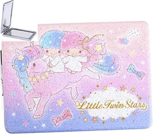 Little Twin Stars Glitter Printed PU Leather 2x Magnification 2-Sided Folding Compact Clear Mirror Purse Portable