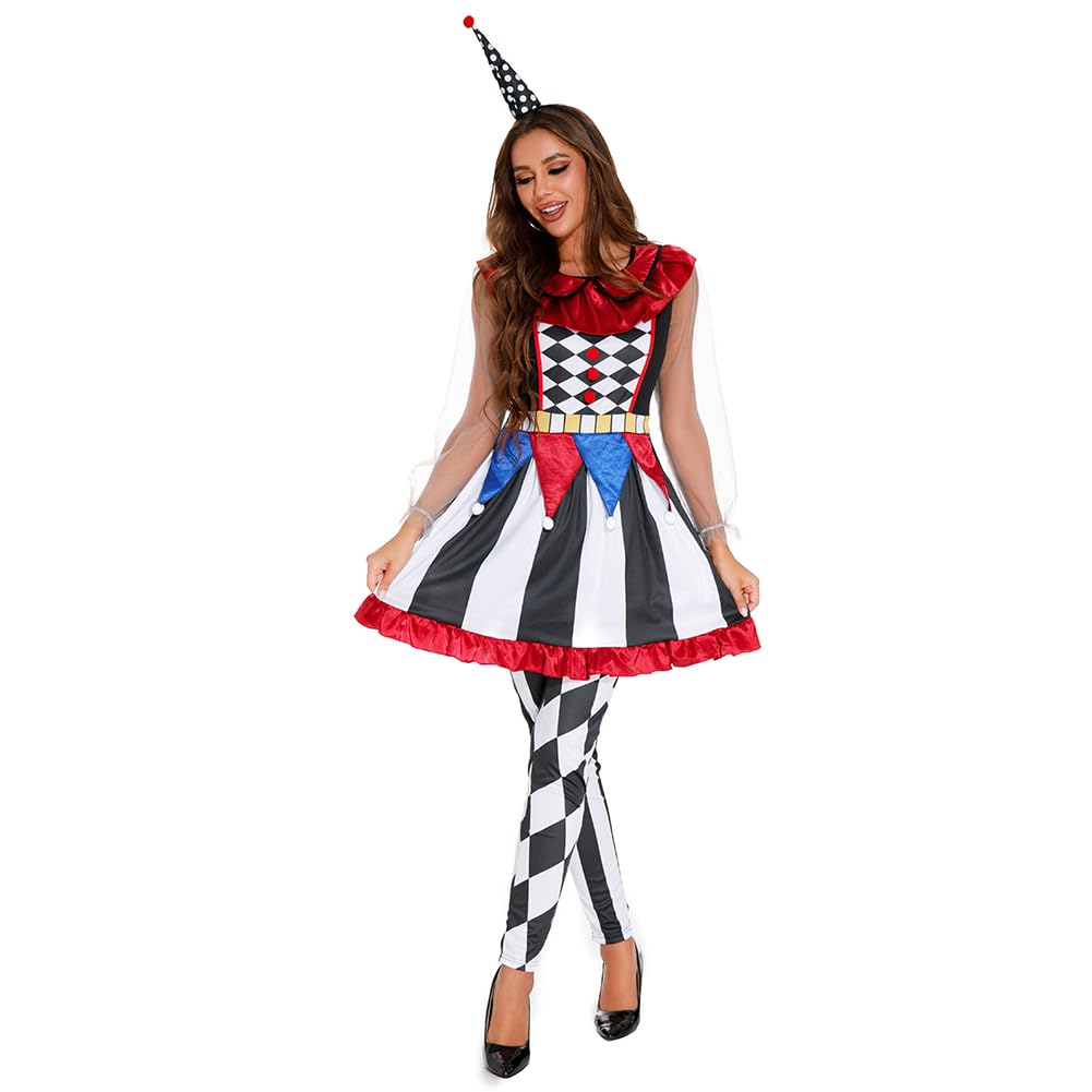 Photo 1 of TOONRAIN Clown Costume for Women, Halloween Scary Jester Costume with Headband for Adults for Carnival Party, Role-playing, Stage performance, Celebration (Medium, Red & Black)