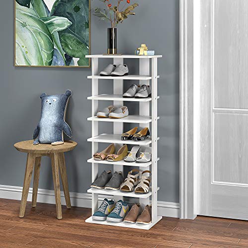 JEROAL Wooden 7 Tier Shoes Racks, Tall Narrow Shoe Storage Tower, Small Skinny Corner Shoe Stand