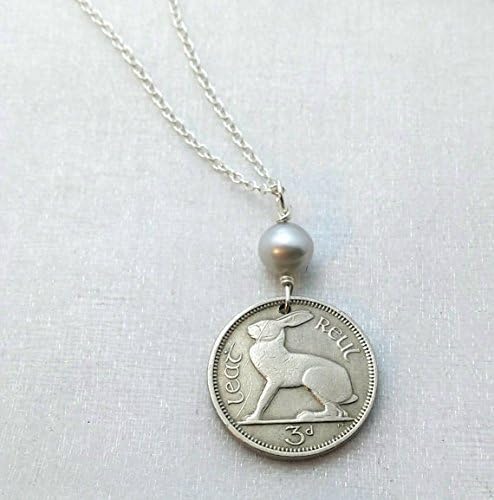 IRISH RABBIT coin necklace - Ireland jewelry - Celtic necklace - Vintage Irish coin - Rabbit pendant - rabbit jewelry - freshwater pearl