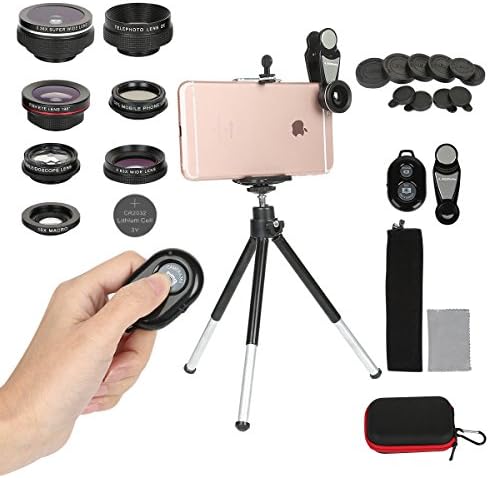 Cell Phone Camera Lens Kit,7 In 1 Clip On Iphone Lens Fisheye + Macro + Telephoto + 2 Wide Angle + CPL + Kaleidoscope Lens,Phone Mount + Tripod for Iphone X/8/7/6/6s plus Samsung &amp; Most Android Phones
