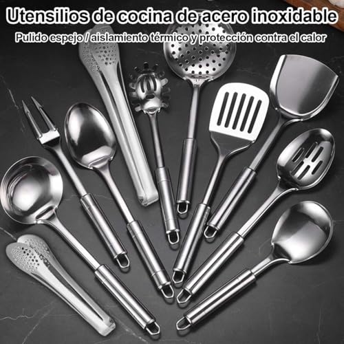 Juego de Utensilios de Cocina de Acero Inoxidable 11pcs Antiadherentes con Mango Resistente al Calor Accesorios de Cocina con Cucharones, Palas y Pinzas de Cocina