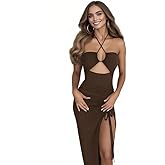 Women Sexy Halter Bodycon Maxi Dress Summer Cut Out Side Split Sleeveless Dress Ruched Backless Clubwear for Party Date