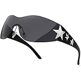 Haqptul Rimless Y2K Sunglasses Star Wrap Around Glasses 2000S Accessories for Women Men Trendy Fashion Cool Shield Shades