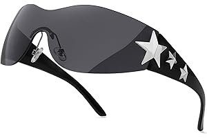 Haqptul Rimless Y2K Sunglasses Star Wrap Around Glasses 2000S Accessories for Women Men Trendy Fashion Cool Shield Shades