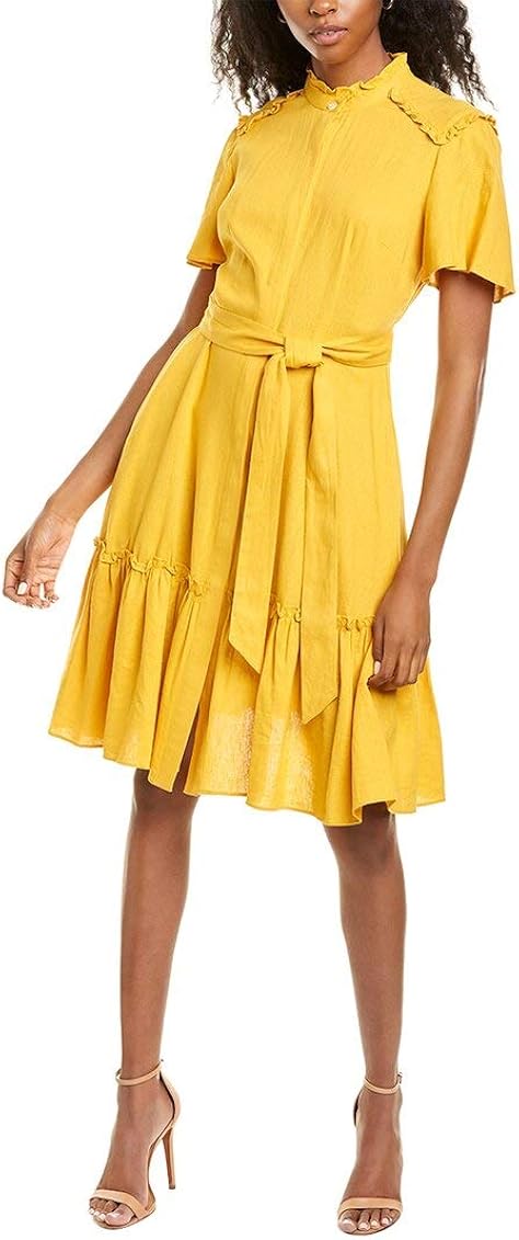 Donna Morgan Women's Short Sleeve Ruffle Neck and Hem Self-Tie Fit and  Flare Linen Dress, Mellow Yellow, 2 at Amazon Women's Clothing store