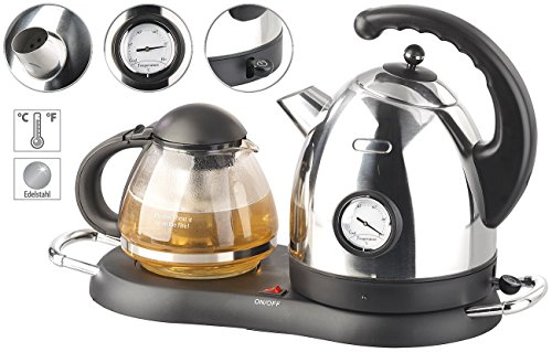 Rosenstein & Söhne Teekanne elektrisch: Edelstahl-Wasserkocher WSK-300.set mit Teekanne (Teestation mit Wasserkocher, Kanne, Warmhalteplatte) – Bild 3