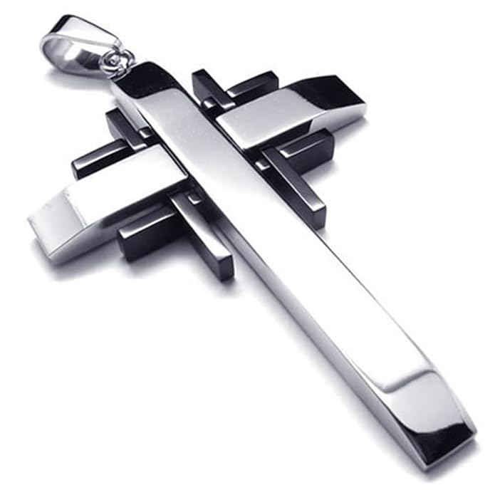 KONOV Schmuck Schwarz Silber Edelstahl Kreuz Herren Damen Halskette Anhänger 61 cm Kette