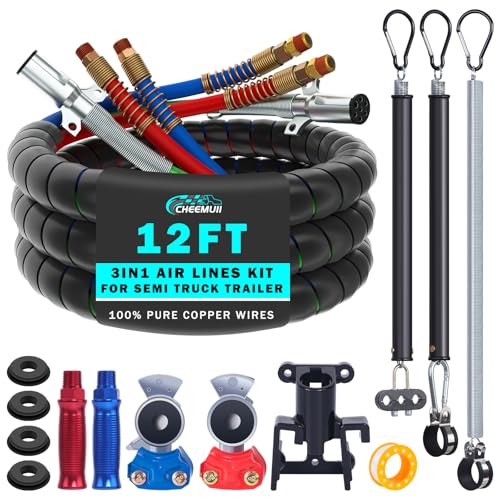 CheeMuii - Kit de línea de aire de semirremolque de 12 pies con soporte Gladhand y resortes, mangueras de freno rojo y azul y cable de remolque de 7 vías 3 en 1 para tractor