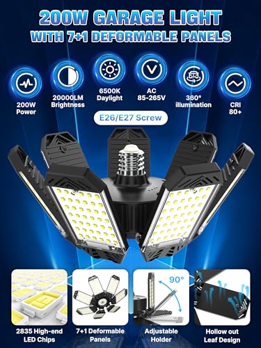 HAPYLUMI LED Ceiling Light for Garage 200W, 2 Pieces 20000LM Garage Lamp with 7+1 Adjustable Panels 6500K, E27/E26 Socket Industrial Workshop Lighting for Warehouse Basement