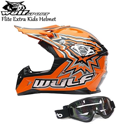 WULFSPORT FLITE-XTRA KIDS HELMET Motocross Dirt-Bike Sport Enduro ECE Helmet Orange + Moto X1 Matt Black Goggles (XL)
