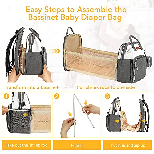 Diaper Bag Backpack,3 in 1 Baby Multifunction Travel Backpack with Portable Changing Station,Pacifier Case and Built-in USB,Large Unisex Baby Bags,Large Capacity,Waterproof,White+Grey