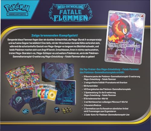 Pokémon-Sammelkartenspiel: Top-Trainer-Box Mega-Entwicklung – Fatale Flammen (1 Vollbild-Promokarte, 9 Boosterpacks & Zubehör) 4