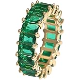 Caiyao Green Emerald Eternity Paved Square Cubic Zirconia Promise Wedding Band Rings Gold Plated Baguette Jewelry Rectangle Emerald-Cut CZ Ring for Women Girls
