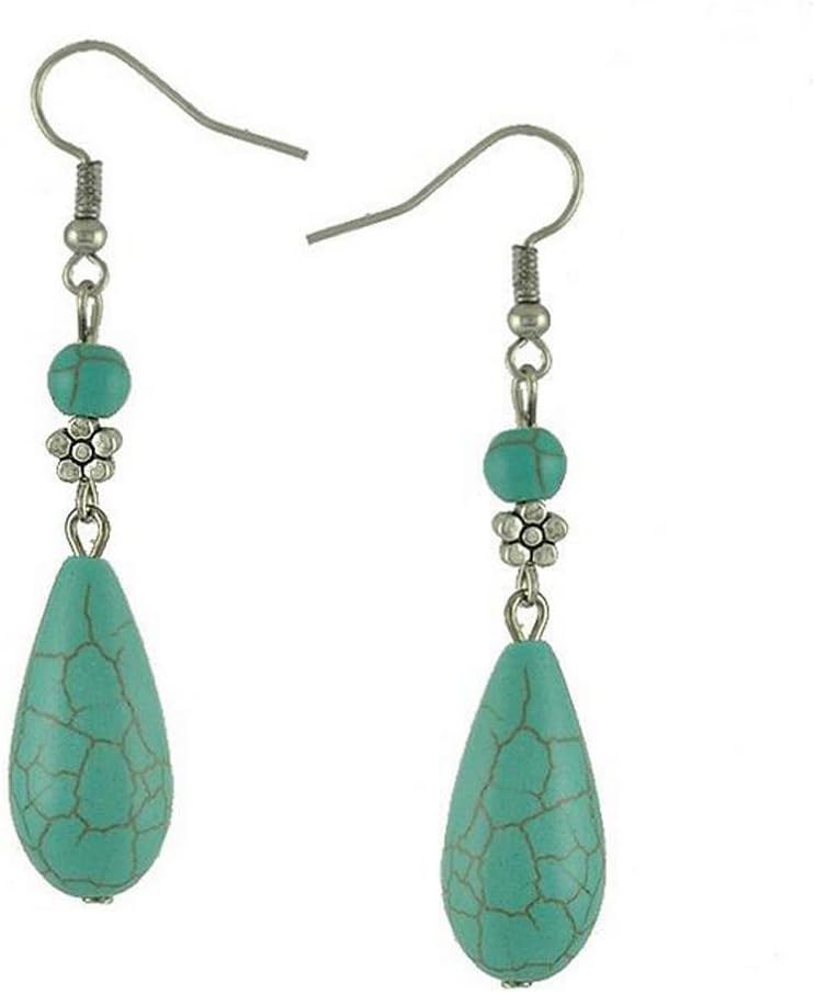 ANDAY Retro Tibet Silver Teardrop Turquoise Gemstone Drop Dangle Hook Earrings