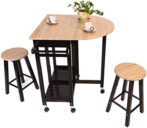 3 pcs Kitchen Wood Cart Dining Drop Leaf Table Set 2 Pub Stools Chairs