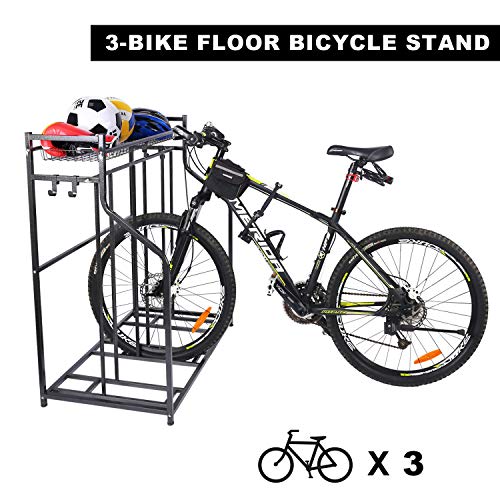 Mythinglogic Bike Rack, Bicycle Holder with Baskets Collection Organizer and 4 Hooks, 3 Bicycle Floor Parking Stands, Bike Storage Stand, Bike Rack Garage, Free Standing Bike Rack, Indoor Bike Rack