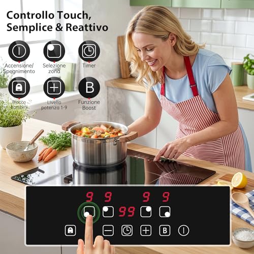 SNDOAS Piano Induzione 4 Fuochi 60 cm, 7000W Piano Cottura Induzione, Funzione Boost, 9 Livelli di Potenza, Timer 99 Min, Controllo Touch, Piastra Induzione Incasso, con Raschietto di Pulizia