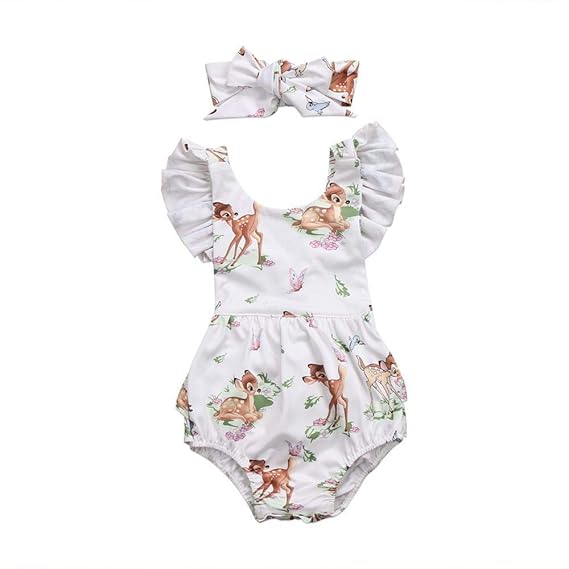 Neugeborenes Baby Kleidung Sommer wenig REH Print Spitze Rüffle Bodysuit Strampler Overall passende Stirnband
