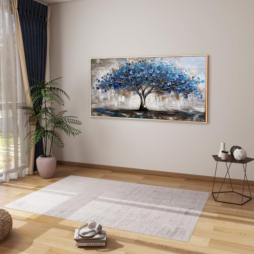 MHARTK66 Modern Living Room Decoration Pictures with Wooden Frame, 50 x 100 cm Large Decorative Sheets Wall Bedrooms, Decorative Canvases Wall Tree of Life Blue, Wall Art Dining Hallway Bathroom