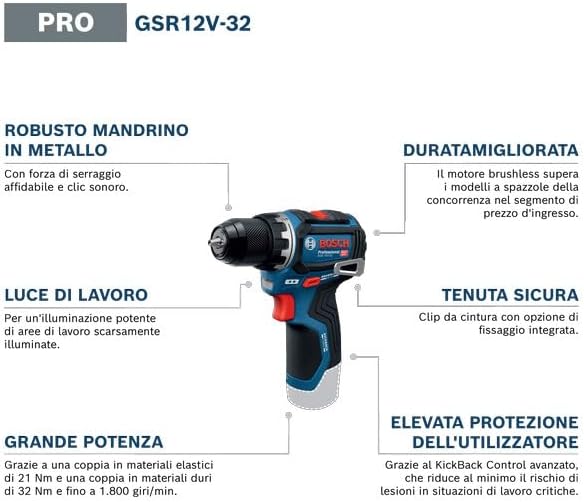 12V System Trapano-avvitatore a batteria GSR 12V-32 (Advanced KickBack Control, motore brushless, incl. 2,0 Ah, GAL 12V-20, borsa portautensili)