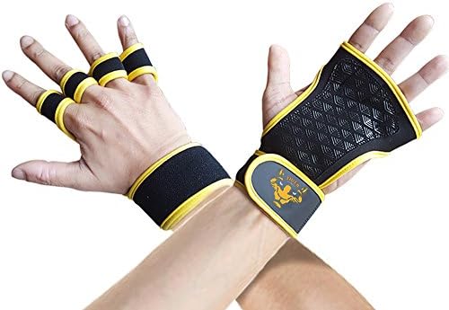 Best Crossfit Gloves with Sweatband, Wrist Support &amp; Carrying Case By Tiger Fitness - Callus Guard &amp; Extra Grip Strength for WODs, Weightlifting &amp; Gym Workouts - For Men &amp; Women (Yellow-Small)