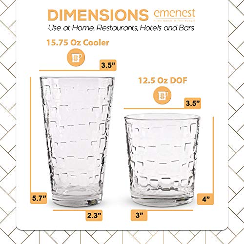 Emenest Clear Drinking Glasses (Set of 12) | Real Glassware with Heavy Base | 6 Highball and 6 Double Old Fashioned Drinkware | Mixed Tumbler Set For Water, Whiskey, Cocktails | Best Kitchen Gift