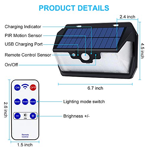 Solar Lights Outdoor, Pobon 55 LEDs [USB Charging & Remote Control] Solar Motion Sensor Light, [3 Lightning Modes] Solar Powered Security Lamp for Garden, Patio, Yard, Walkway, Driveway - Thumbnail 7