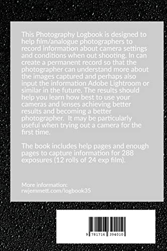 Photography Log Book: For 35mm Film Cameras: 288 exposures arranged in 20 tables of 12 exposures 1