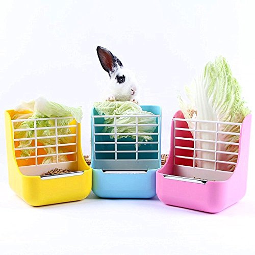 Plastic Pet Rabbits/Chinchillas/Guinea Pigs 2 In 1 Feeder Bowls Double use for grass/food, Ideal for Small Animals (Yellow) - Thumbnail 6