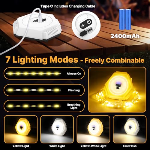 GAEEP Camping String Lights, 10M Retractable Fairy Lights with 7 Lighting Modes, USB Rechargeable 2-in-1 Camping Lantern and String Lights, Waterproof Tent Lights for Camping, Garden, Party