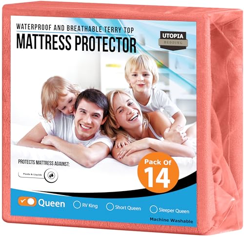 Utopia Bedding Waterproof Mattress Protector Queen Size (Pack of 14), Premium Terry Mattress Cover 200 GSM, Breathable, Fitted Style with Stretchable Pockets (Coral)