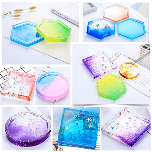 Jatidne Resin Molds Coaster Silicone Molds for Resin Epoxy Casting Molds 4 Pieces Shapes with Flowers and Beads DIY Craft Making