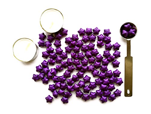 Vooseyhome the Star Shaped Sealing Wax Beads Kit - 100pcs Purple Star Beads, Mealting Spoon and 2 Tea Candles - Idea for for Wax seal Stamps