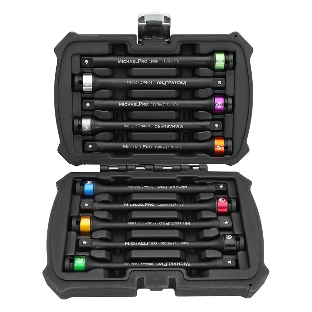 MichaelPro MP001208 10-Piece 1/2-Inch Drive Torque Limiting Extension Bar, 65 to 150 Ft-Lbs (90 to 200 Nm), 8-Inch Length, Heavy Duty Torque Applications