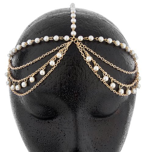 Goldtone Metal Adjustable Head Chain with Multiple Simulated Pearls and Links