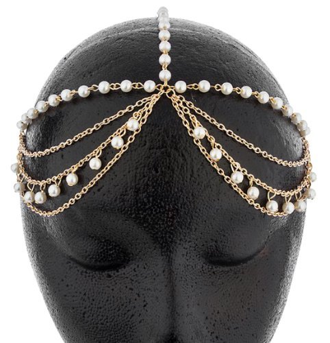 Goldtone Metal Adjustable Head Chain with Multiple Simulated Pearls and Links (J-736)