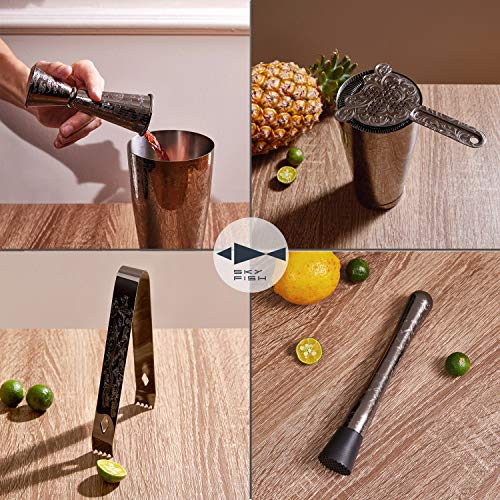 SKY FISH Cocktail Shaker, Boston Shaker Set 7 Pieces, Engraved Barman Kit in Gift Box, Hand Wash (Black)