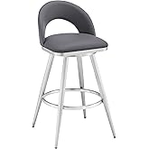 Armen Living Charlotte Swivel Bar Stool in Brushed Stainless Steel with Gray Faux Leather